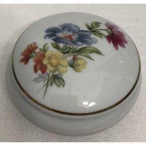 Vintage Trinket Dish & Lid White Porcelain Floral Design With Gold Trim Japan